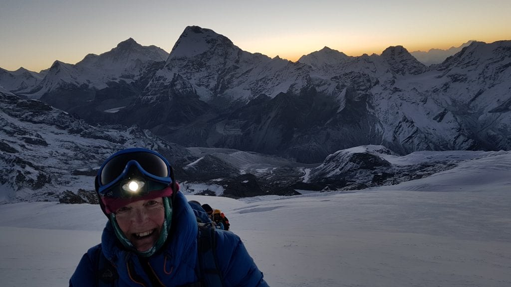 Moira as the sun rose above Makalu in the background.